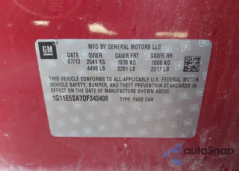 2013 Chevrolet Malibu 2Lt from USA, damaged, VIN 1G11E5SA7DF343408